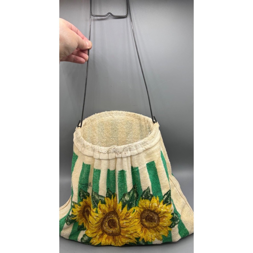Vtg Towel Clothes Pin Holder‎ Bag Green Stripes Sunflower & Wooden Clothespins